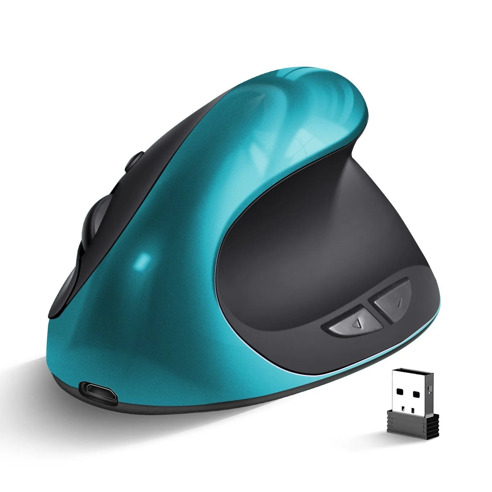 Rechargeable ergonomic vertical wireless mouse in multiple colours with Android charging port