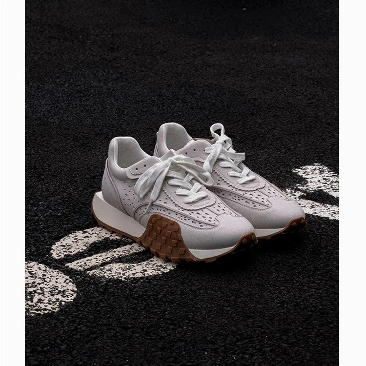 Grey retro thick-soled sneakers with non-slip rubber sole and breathable cloth microfiber leather upper