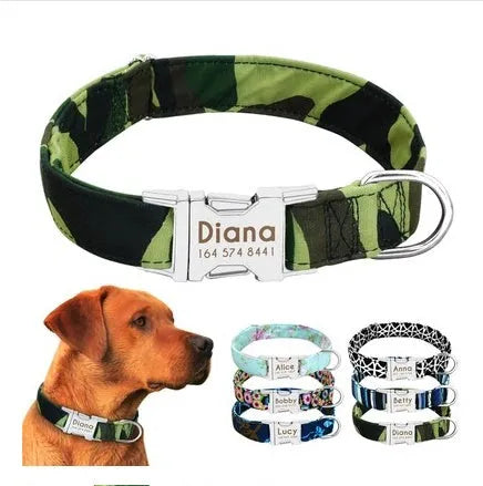 Reflective dog collar in orange or army green with wave point pattern, polyester and alloy metal, adjustable for small to large dogs