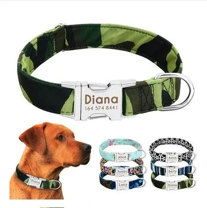 Reflective dog collar in orange or army green with wave point pattern, polyester and alloy metal, adjustable for small to large dogs