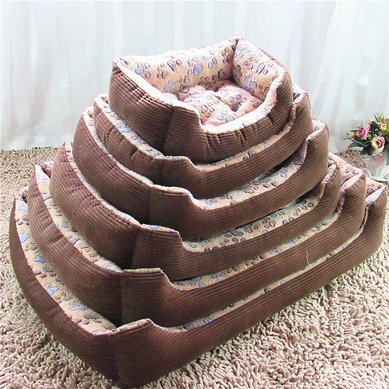 Soft plush dog bed for small dogs and puppies, a pet sofa kennel sleep basket with raised edges for security, available in beige, camel, and pink colours with six sizes from extra small to extra extra large, ideal as a warm, cosy house supply cushion.
