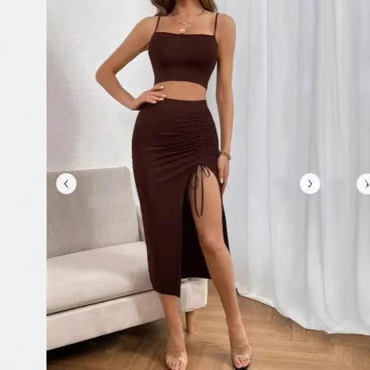 Stylish women's slim fit sleeveless split mid-length dress set in various colors