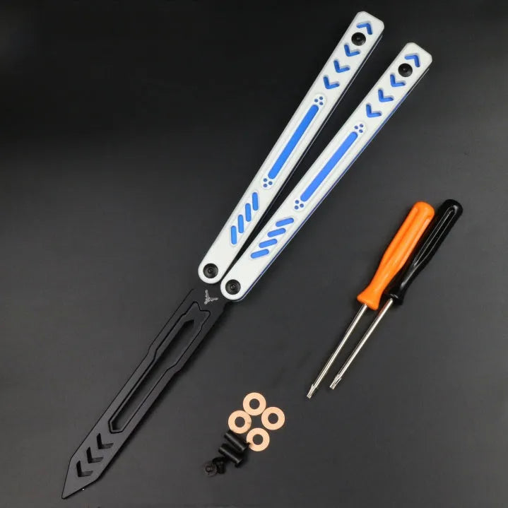 Butterfly knife practice trainer with aluminium handle and G10 grip patches in multiple colour options