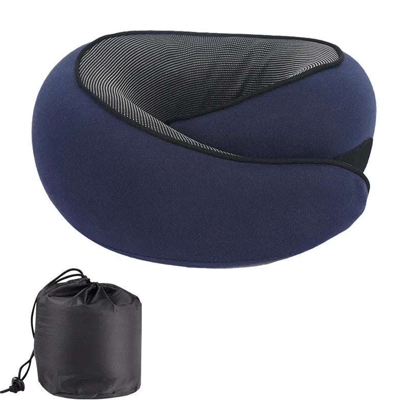 U-shaped grey memory foam travel neck pillow with storage bag.