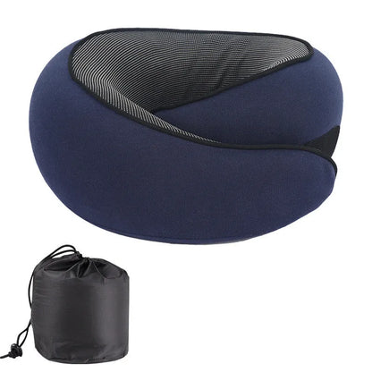 U-shaped grey memory foam travel neck pillow with storage bag.