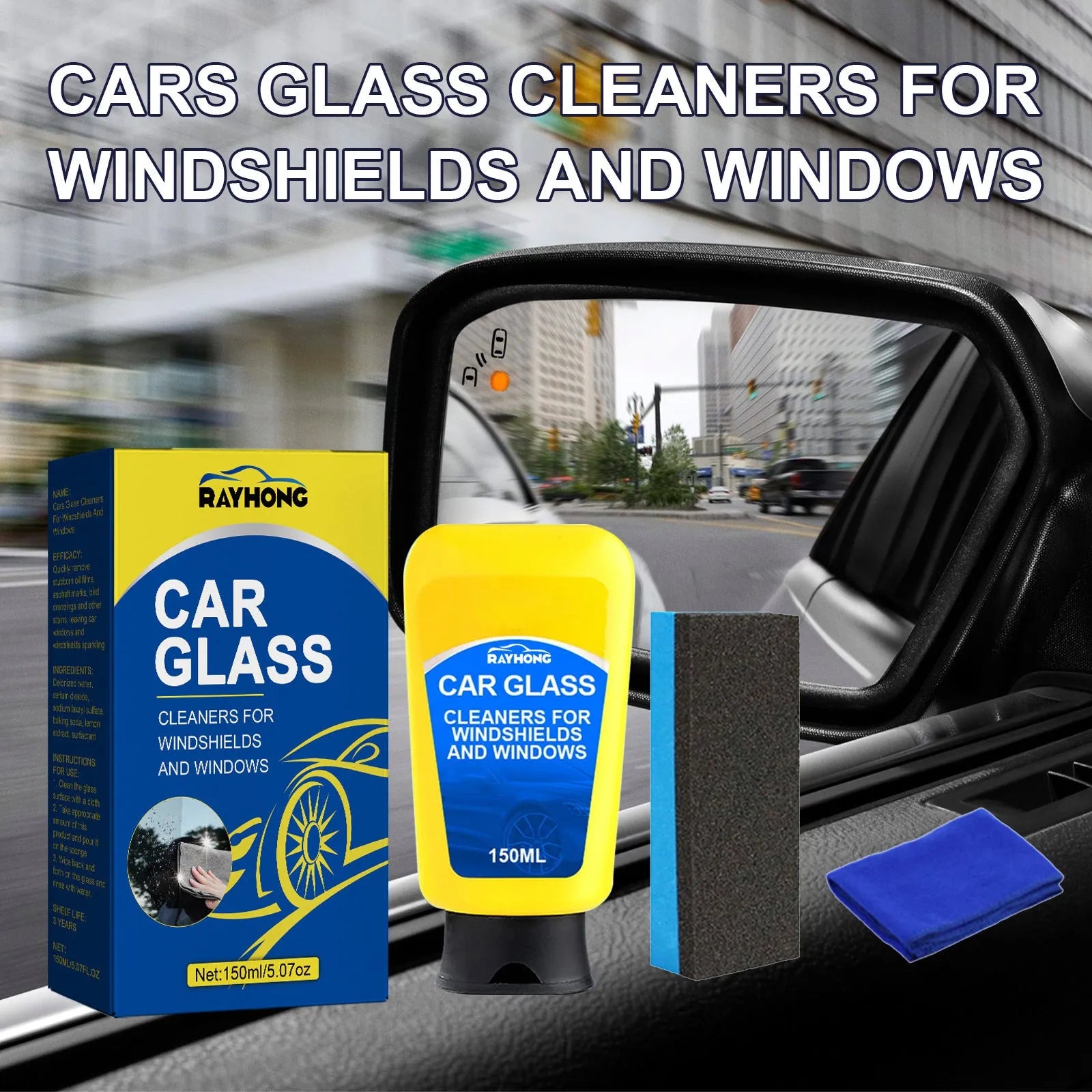 150ml car windscreen cleaner bottle with sponge and microfibre cloth for automotive glass cleaning
