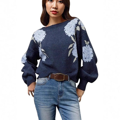 Sapphire blue women's off-neck pullover with woven floral jacquard pattern, loose fit with 50cm length