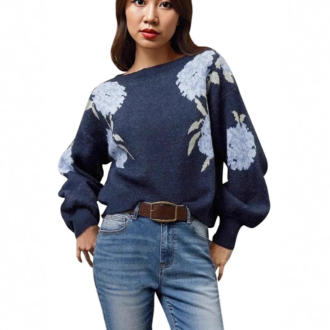 Women's sapphire blue off-neck pullover with flower jacquard pattern, loose fit with 50cm length