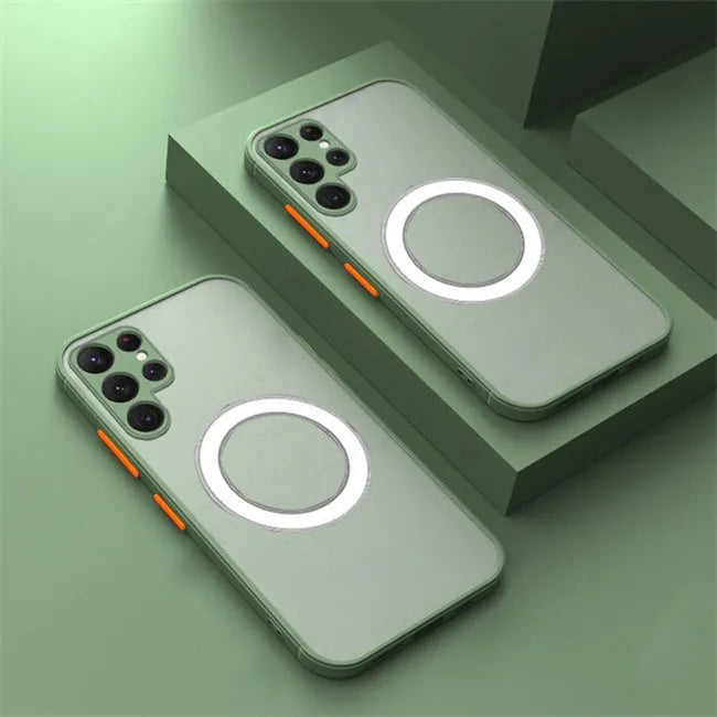 Samsung phone case with magnetic suction, frosted hard PC back and soft TPU edges in black, blue, red, or green.