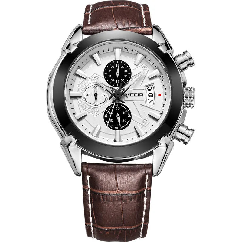 Men's brown and white surface quartz watch with three sub-dials and six luminous hands showing 15mm thickness