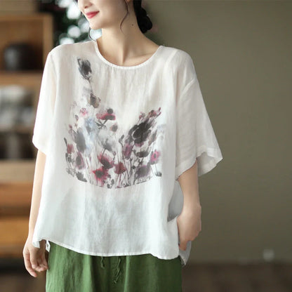 Vintage Ink Print Casual Short Sleeve T-shirt in white, champagne, and dark gray