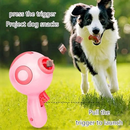 Green interactive dog treat launcher toy with treat dispensing mechanism for training and play