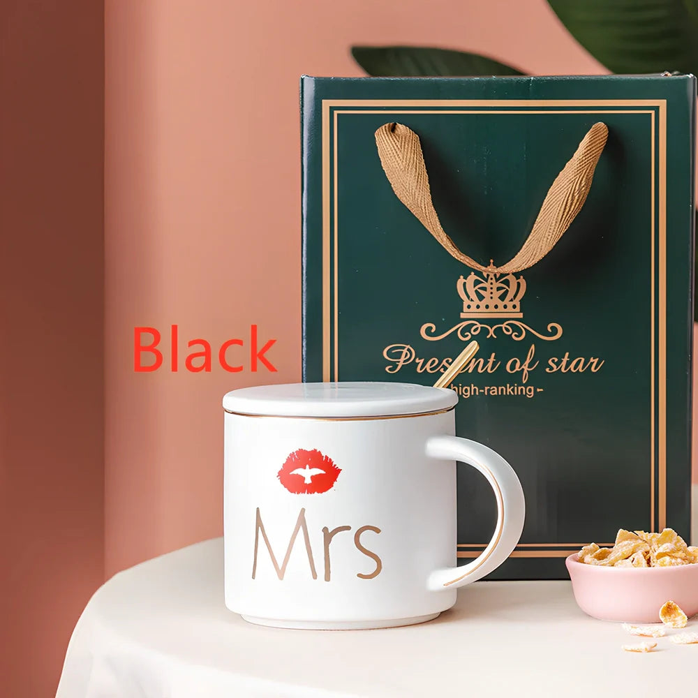 White ceramic mug with matte glaze and high-temperature decal design, matching lid, 450ml capacity