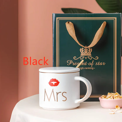 White ceramic mug with matte glaze and high-temperature decal design, matching lid, 450ml capacity