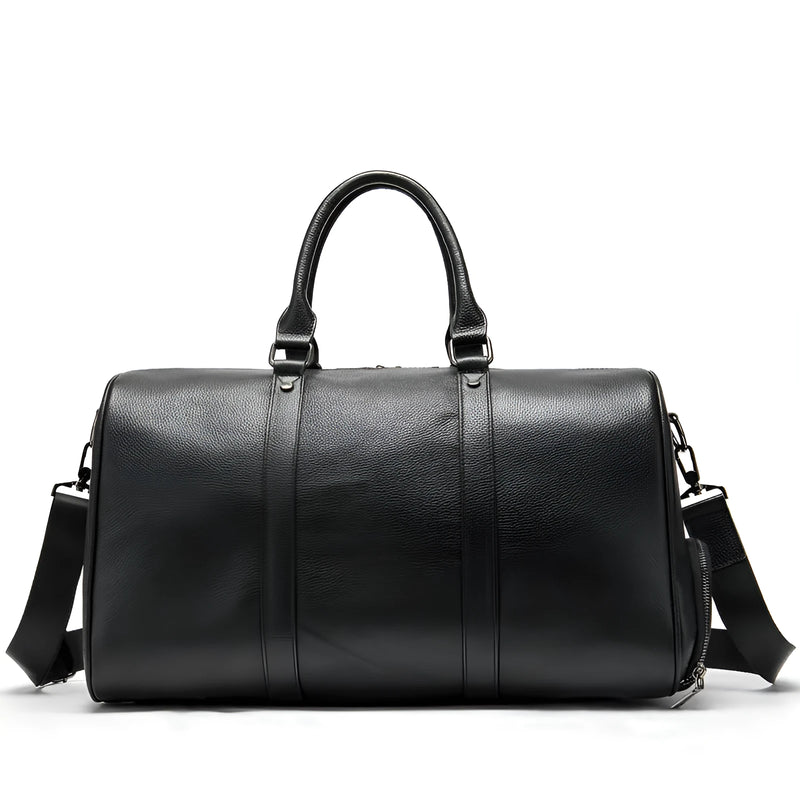 Men's Excursion Bag with 44cm or 55cm length options, crafted from top layer cowhide leather, offering large capacity below 20L for travel and daily use with a single strap design in black or coffee plain patterns.