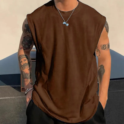 Men's loose solid colour cotton sleeveless tank top on a hanger.