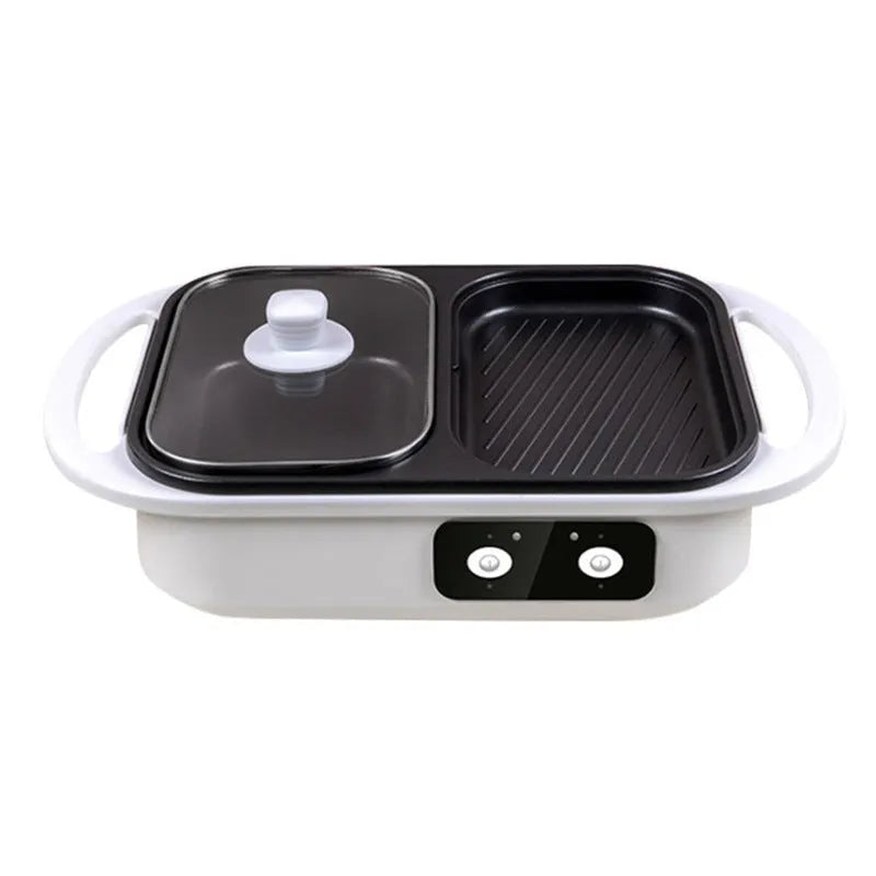 White or green dual-function electric hot pot and frying oven appliance with mechanical controls