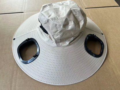 Men's grey solar fan cap with large sun shading eave and adjustable headband