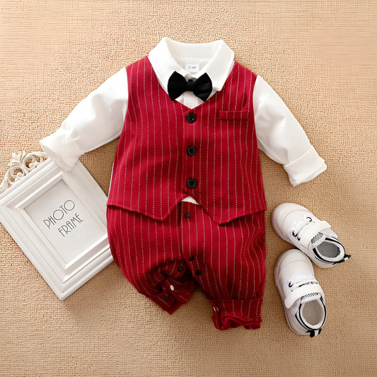 Wine red cotton baby boy's romper with long sleeves and single-breasted closure.