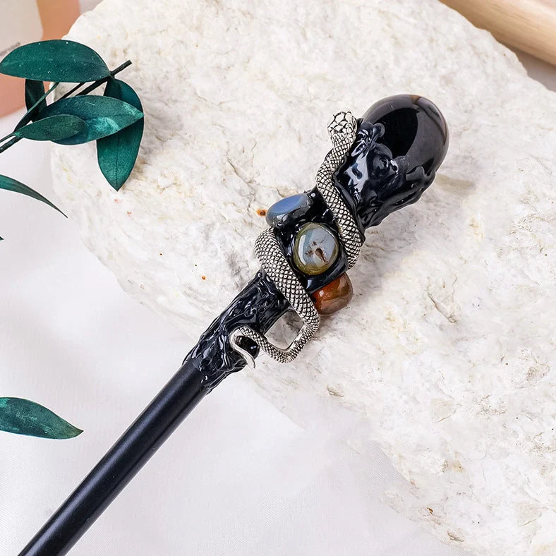 Natural crystal ball magic wand with wooden handle showing labradorite, obsidian, white crystal, or amethyst options