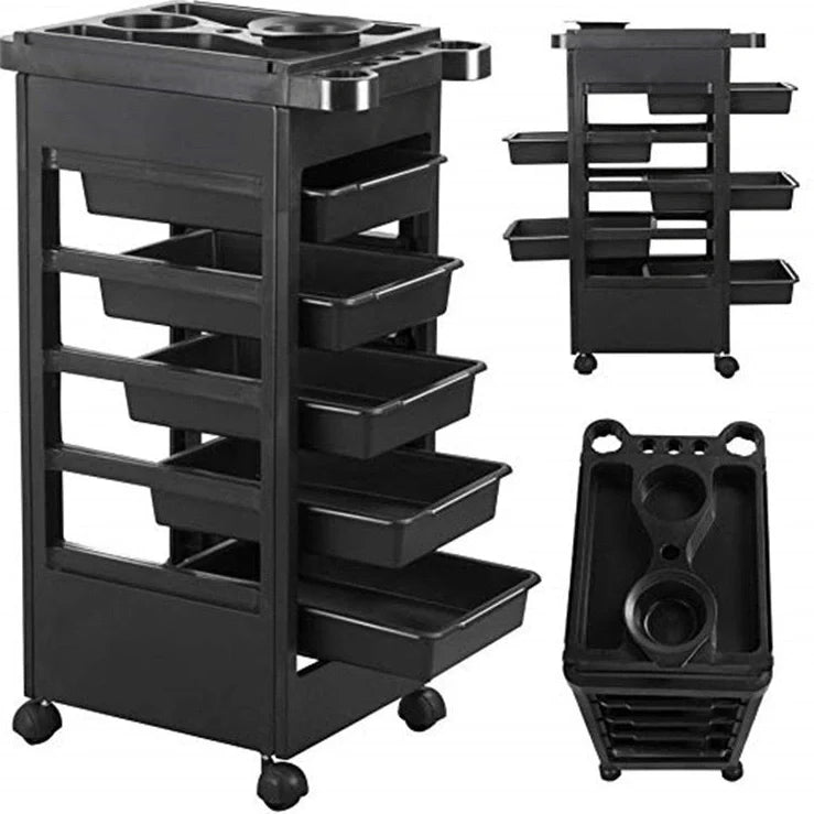Black 6-layer hair salon tool car with plastic construction and wheels for mobile storage