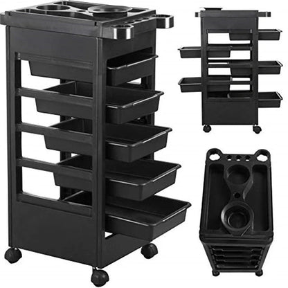 Black 6-layer hair salon tool car with plastic construction and wheels for mobile storage
