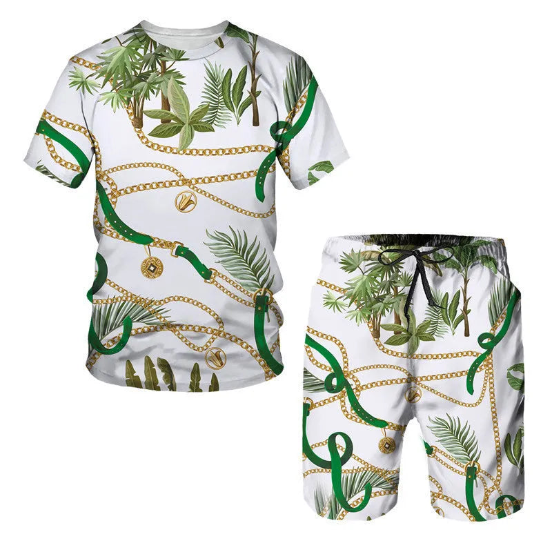 Chain pattern digital printed short sleeve T-shirt and shorts matching suit set for summer.