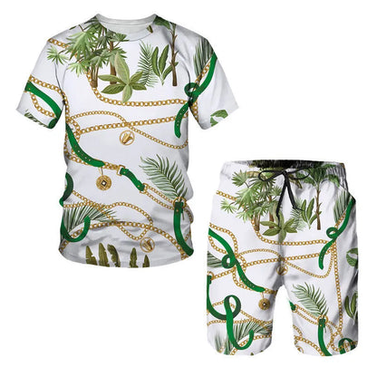 Chain pattern digital printed short sleeve T-shirt and shorts matching suit set for summer.