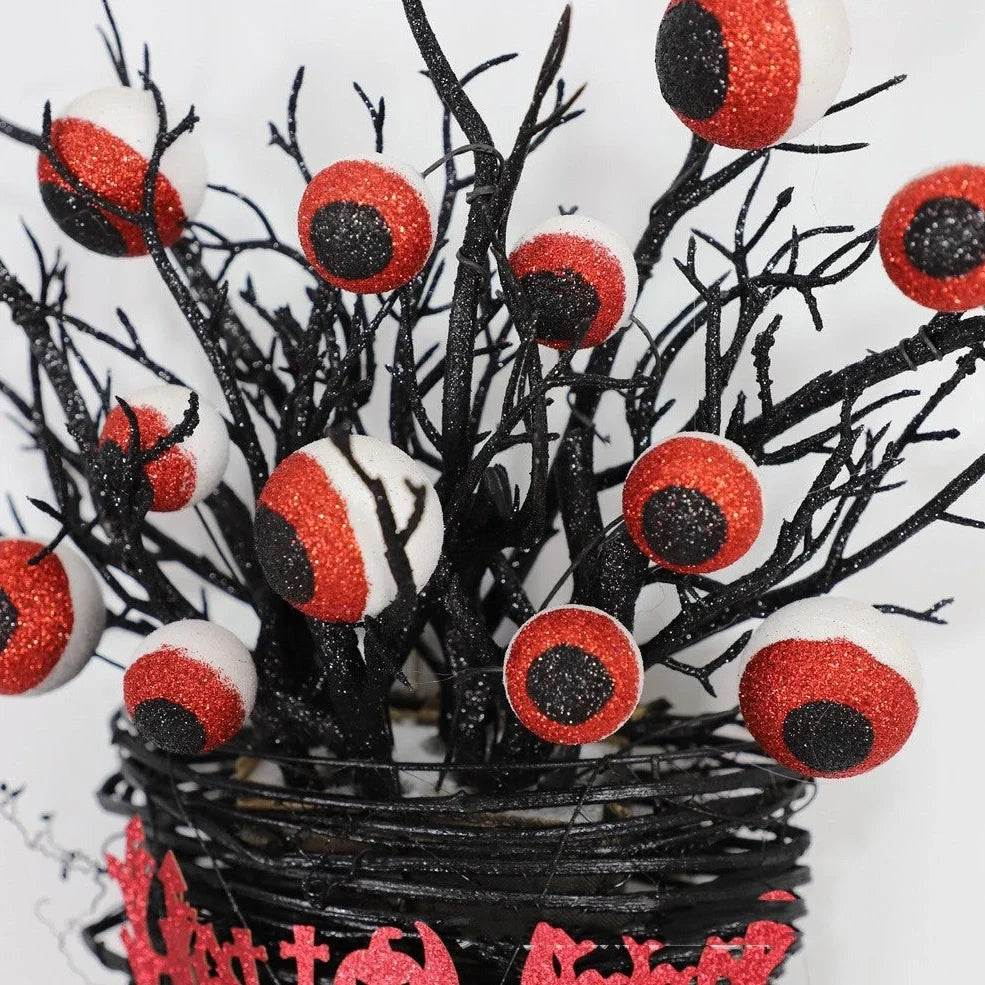 Halloween door hanging decoration with red eye bead flower basket design measuring 38x32x13cm