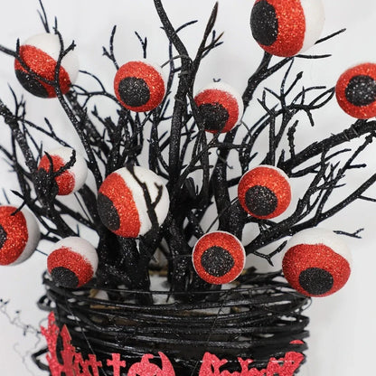 Halloween door hanging decoration with red eye bead flower basket design measuring 38x32x13cm