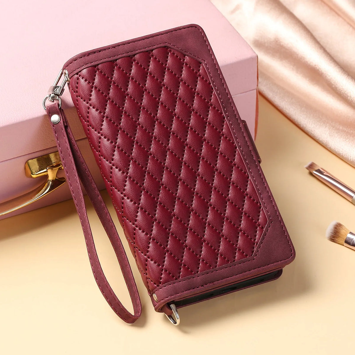 Crossbody plaid zipper phone case for Samsung in black, pink, white, or wine red, made from TPU and PU.