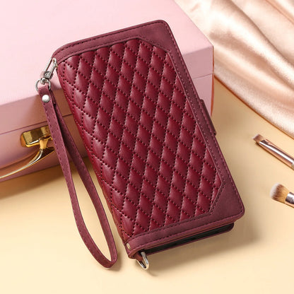 Crossbody plaid zipper phone case for Samsung in black, pink, white, or wine red, made from TPU and PU.