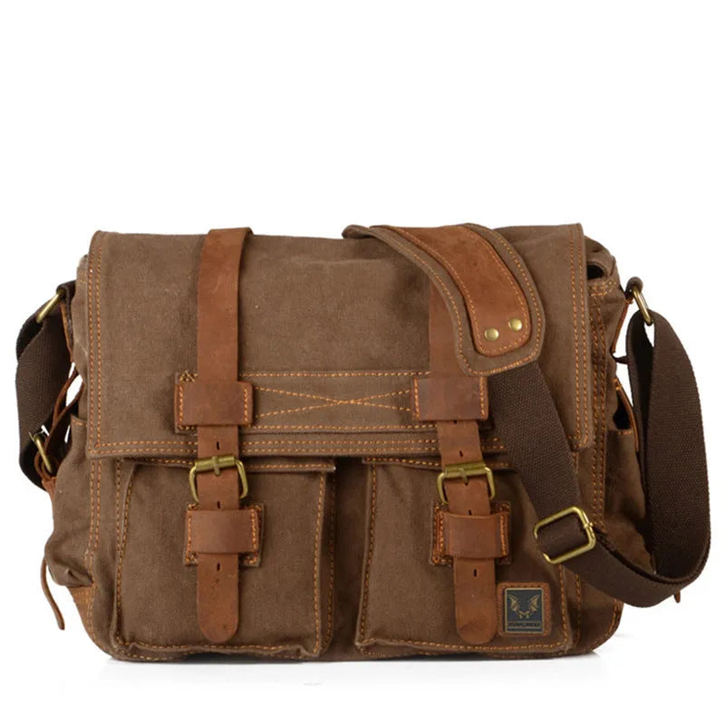 Men's retro crossbody canvas shoulder bag with cowhide trim in horizontal rectangular shape