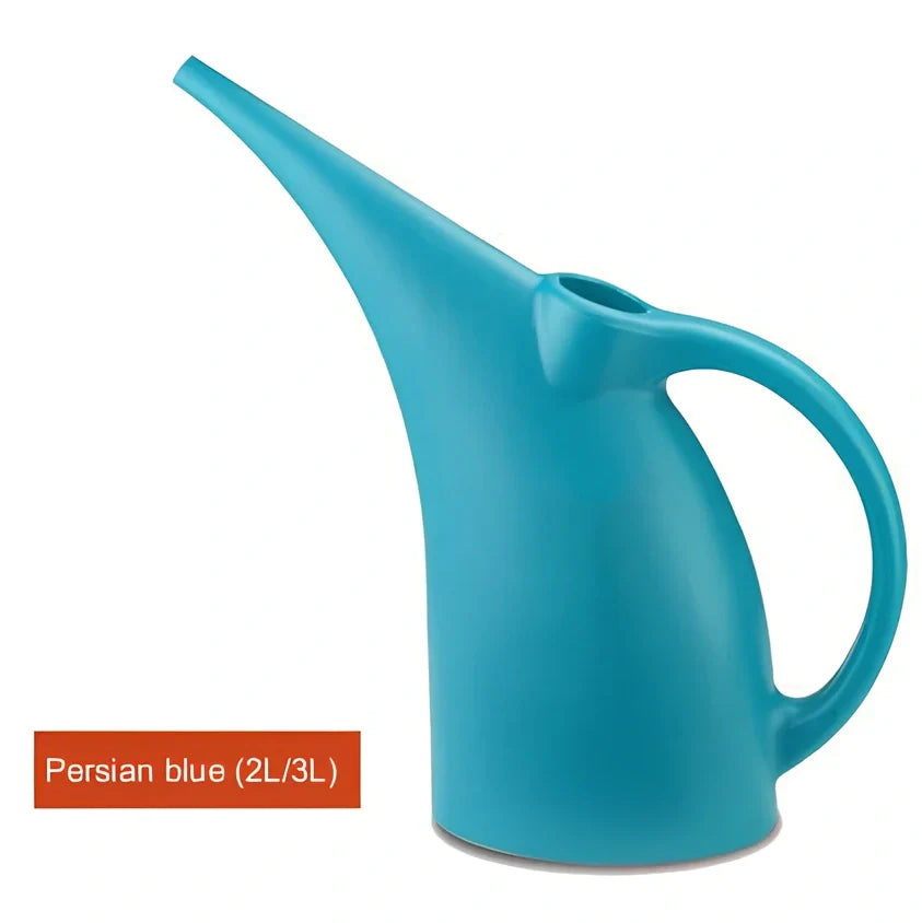 Green watering can with long spout showing measurements and shower head attachment for garden plants