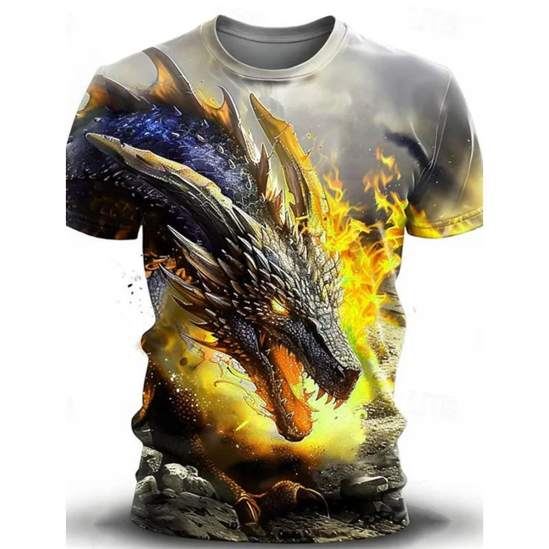 Men's grey T-shirt with a large blue and white 3D wind dragon printed design on the front.