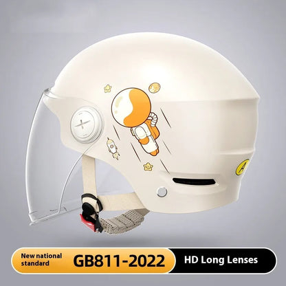 Khaki electric motorcycle half helmet with integrated glasses showing ABS construction and free size fit