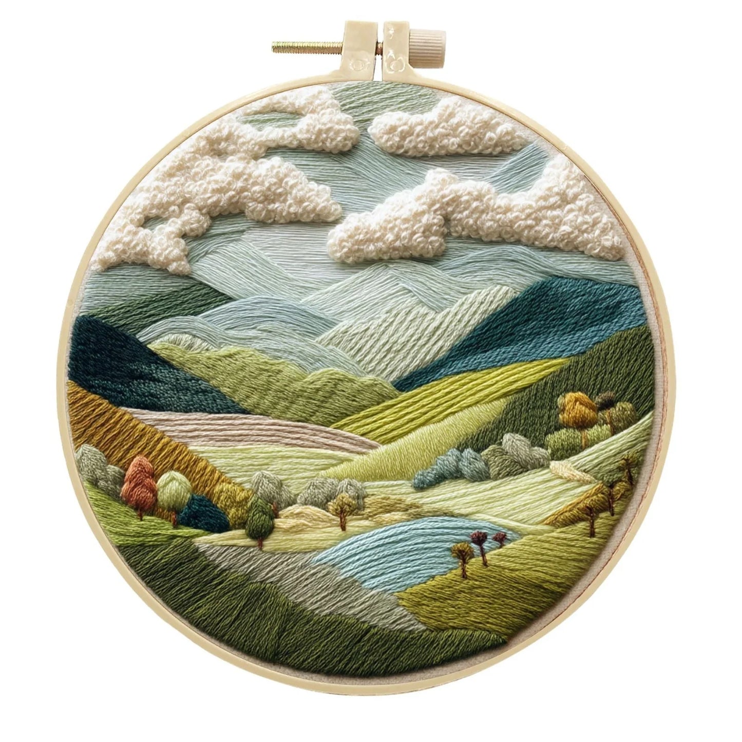 Embroidery DIY landscape kit with bamboo frame, printed fabric, thread, and needles for textile art