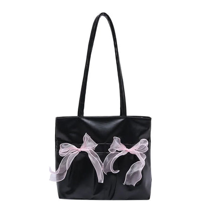 College style bow tote bag with large main compartment and internal zipper organiser in black colour