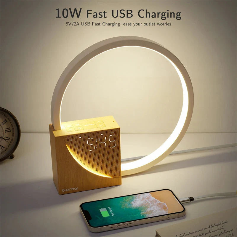 Multifunctional bedside lamp with dimmable LED lights, natural sounds, and alarm clock features