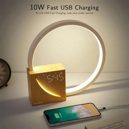 Multifunctional bedside lamp with dimmable LED lights, natural sounds, and alarm clock features