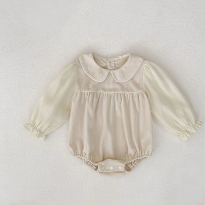 Corduroy doll collar long sleeve baby romper in black or apricot with single-breasted closure