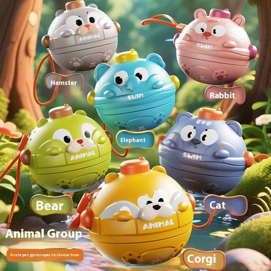 Children's plastic gyro toy with press-rotating collision mechanism and attached lanyard in multiple colour options