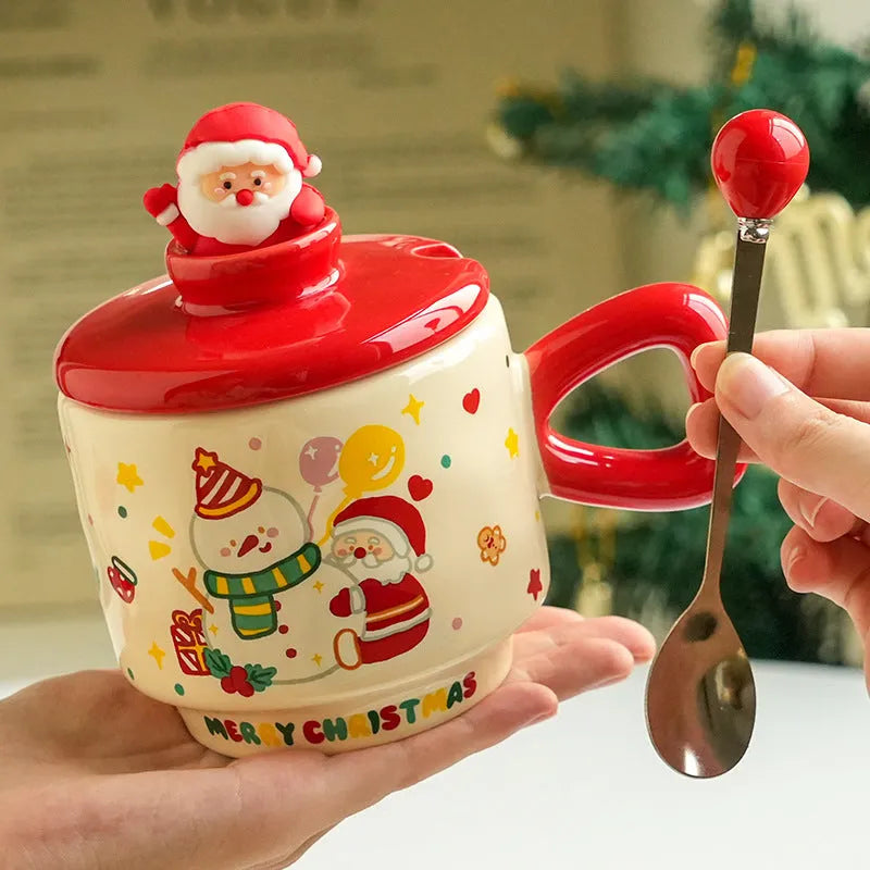 Christmas ceramic cup with lid, 8cm height, 9cm caliber, 301-400ml, round single-layer cartoon festive design