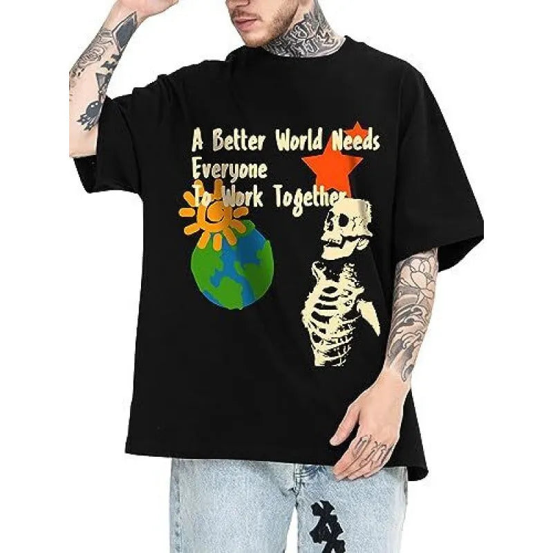 Men's short-sleeved street sports t-shirt with a digital print pattern, available in multiple sizes.