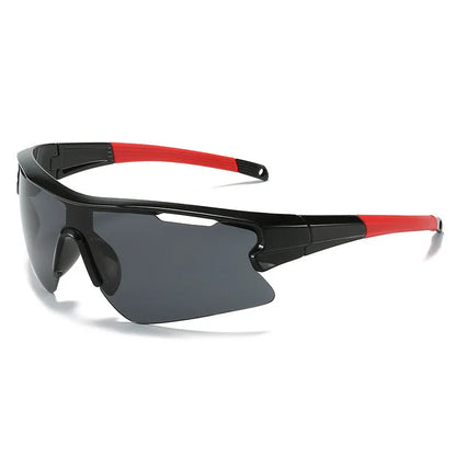 Windproof sports sunglasses with adjustable pads in black frame and grey lens for outdoor cycling