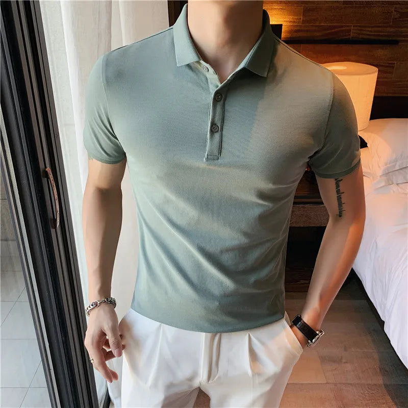 Solid colour cotton blend polo shirt with lapel collar and short sleeves in Korean style fit