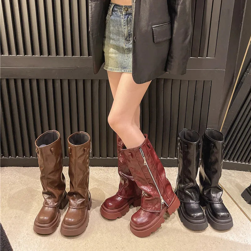 Women's black platform Martin boots with high cylinder socks and square heel