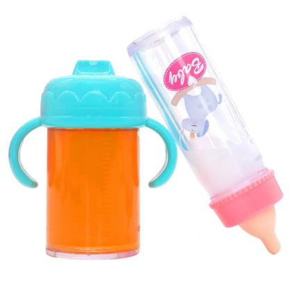 Doll feeding bottle accessory in pony pink and bear blue colour combinations for 14-18 inch dolls