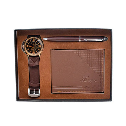 Creative Holiday Gift Wallet Pen Watch Set in brown and black options with OPP packaging