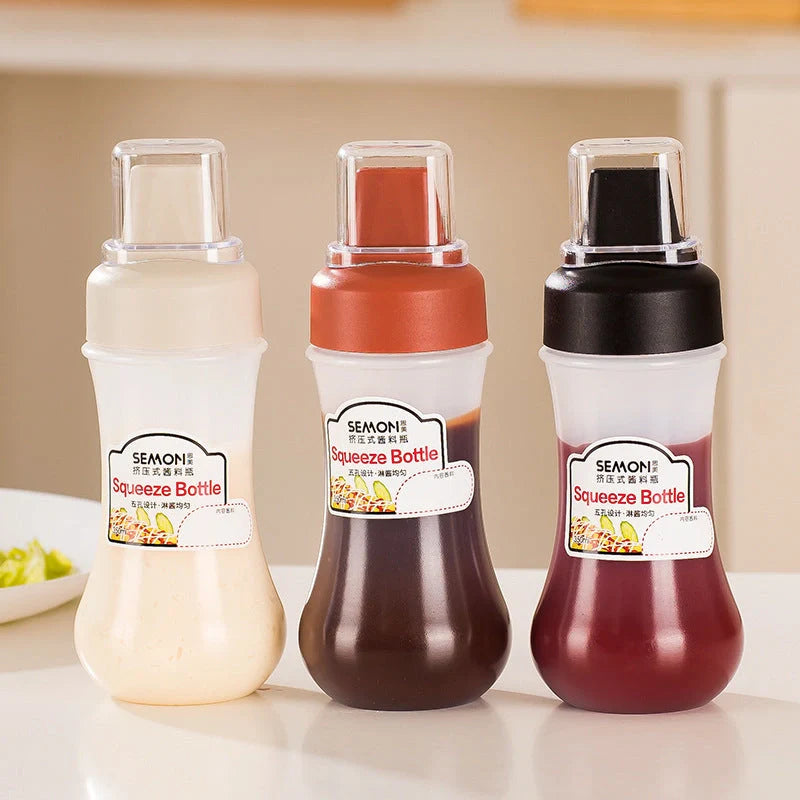 Five-hole Scale Squeezing Sauce Bottle with Lid in elegant black, grey, and Finnish red